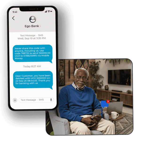 A phone mockup showing SMS OTP and login confirmations from a bank.