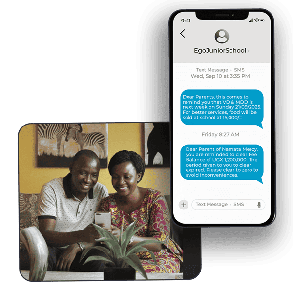 A phone mockup showing bulk sms message received from a school